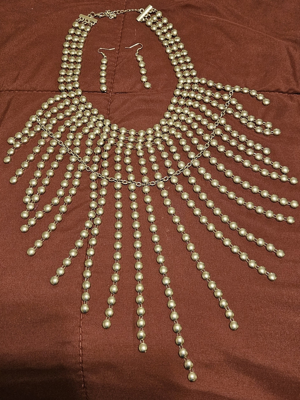 Silver Beaded Fringe Necklace and Earrings Set